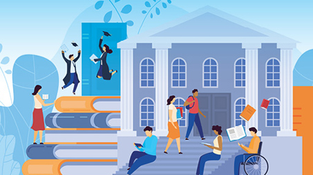 Illustration of people walking to a building