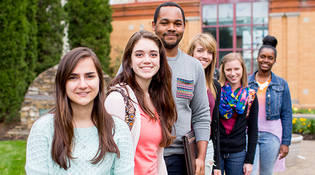 Students in the Peace Garden on campus