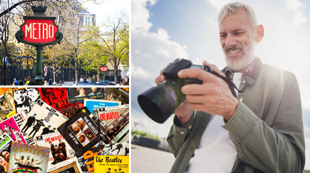 Close up of a metro subway sign in a Paris neighborhood.  Senior man standing outdoors smiling and looking into the viewfinder of a digital camera.  Close up of a pile of Beatles record album covers.